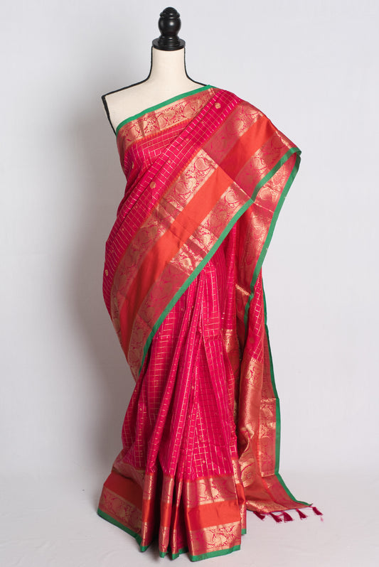 Blended Silk Banarasi Saree in Rani Pink and Orange.