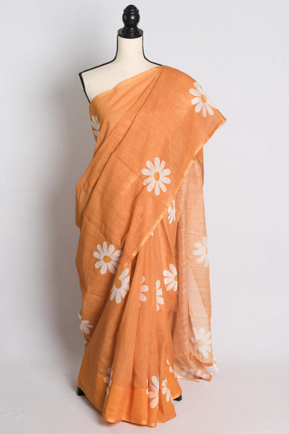 Contemporary Floral Printed Blended Soft Linen Cotton Saree.