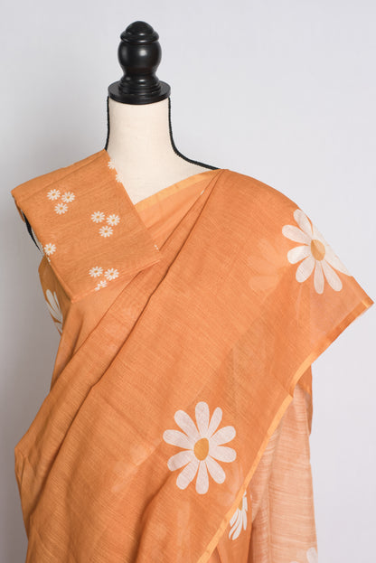 Contemporary Floral Printed Blended Soft Linen Cotton Saree.