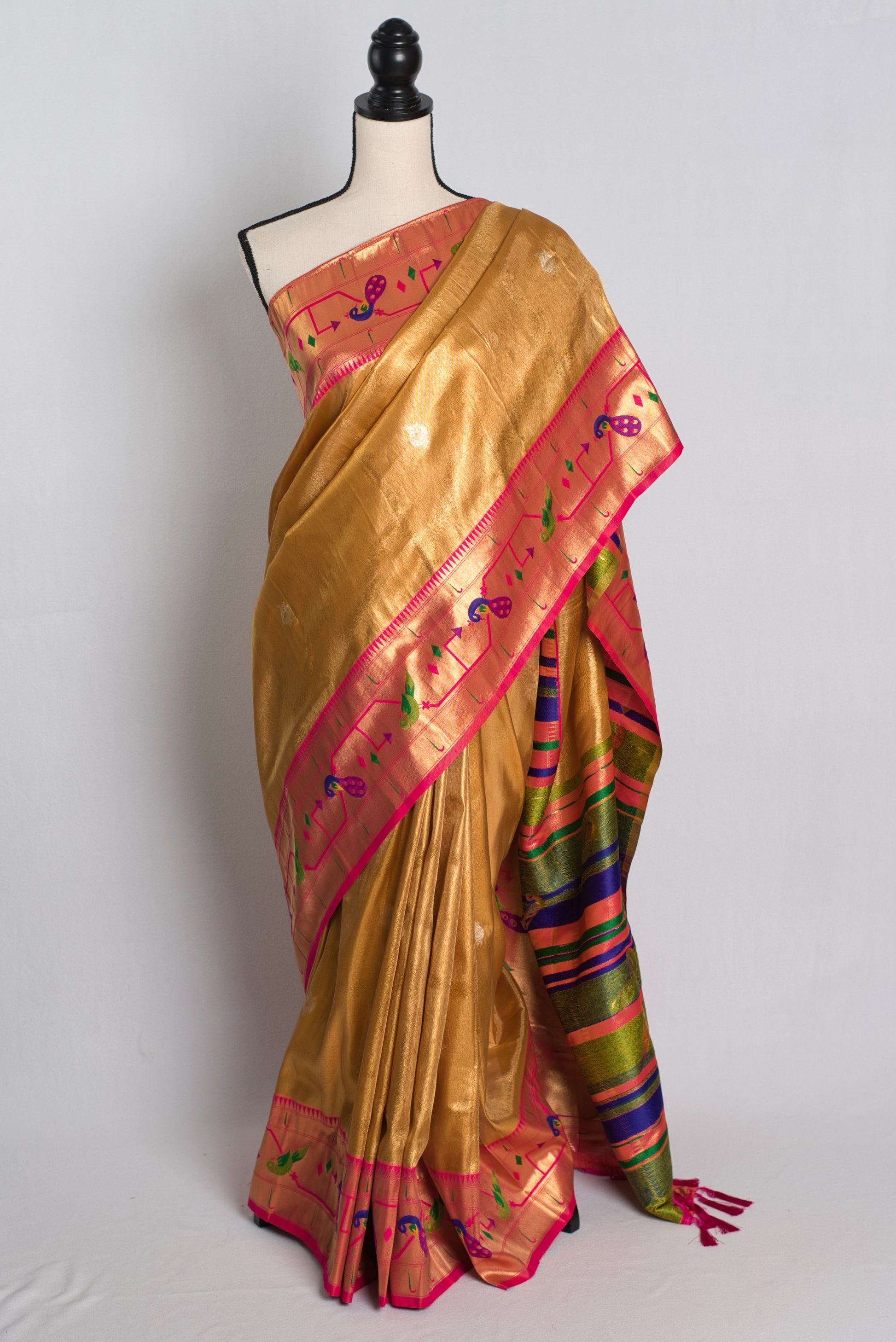 Blended Tissue Silk Golden Paithani Saree with Pink Border.