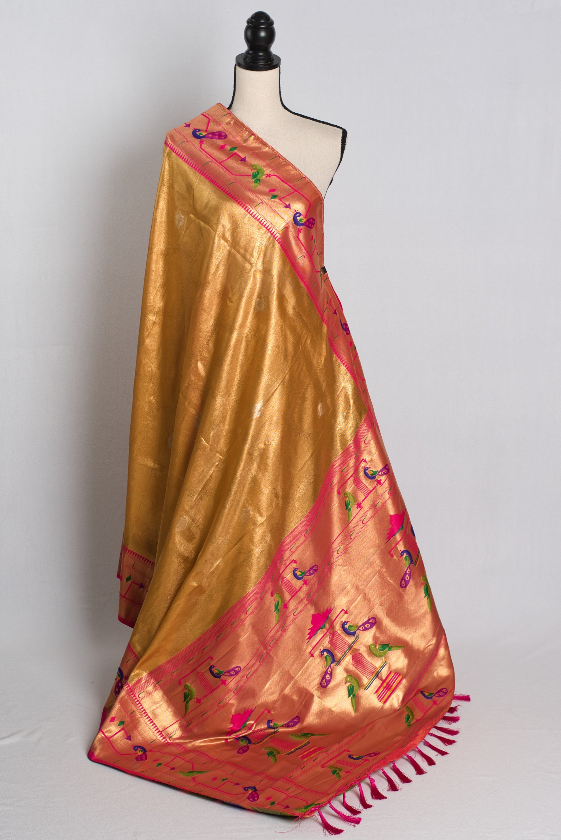 Blended Tissue Silk Golden Paithani Saree with Pink Border.