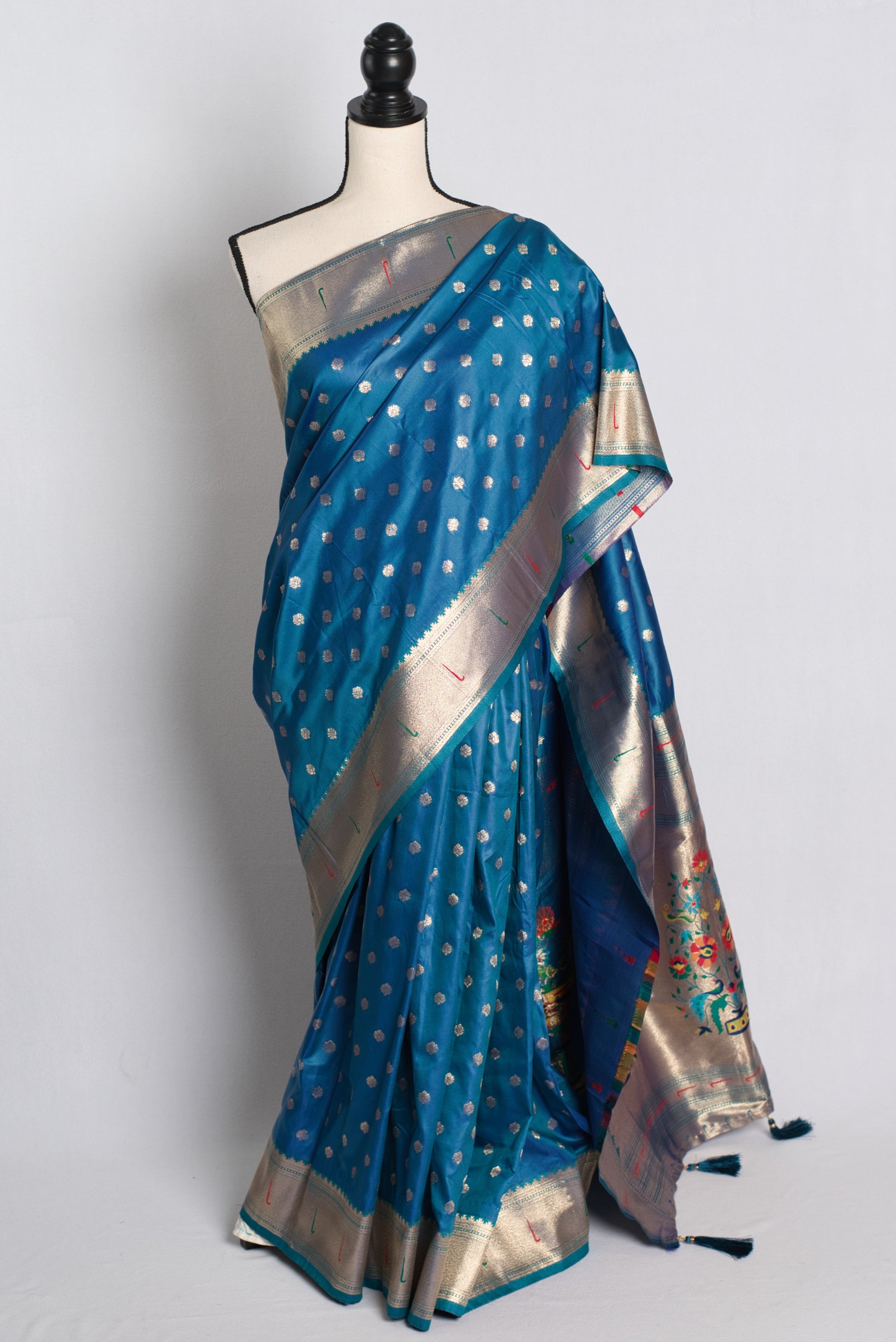 Blended Silk Paithani Saree Peacock Blue and Gold.