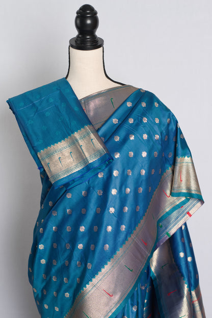 Blended Silk Paithani Saree Peacock Blue and Gold.