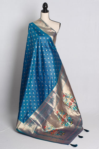 Blended Silk Paithani Saree Peacock Blue and Gold.