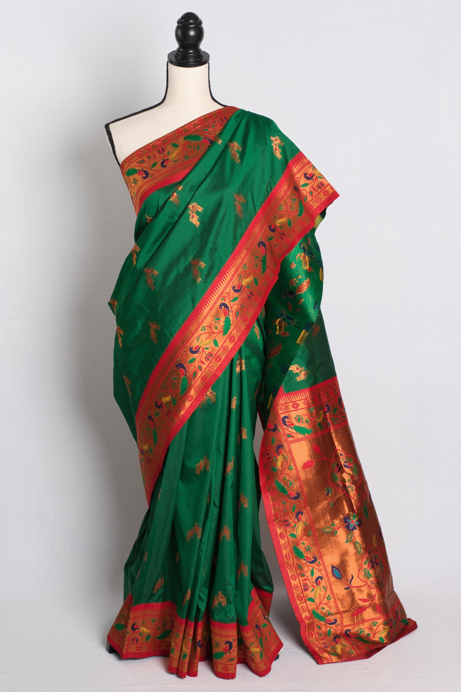 Blended Silk Paithani Saree in Green, Red and Gold.