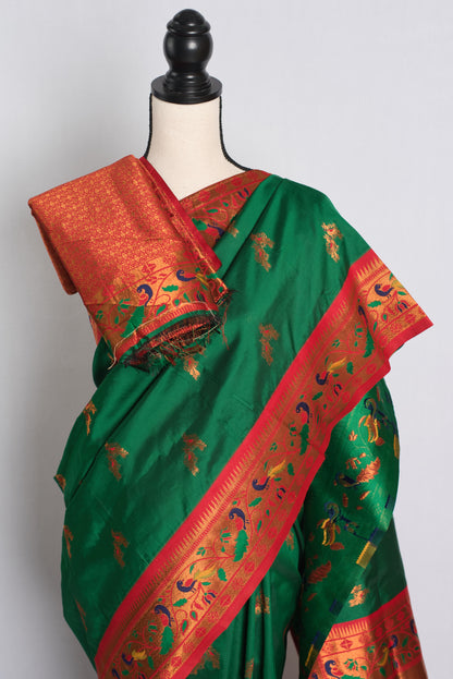 Blended Silk Paithani Saree in Green, Red and Gold.