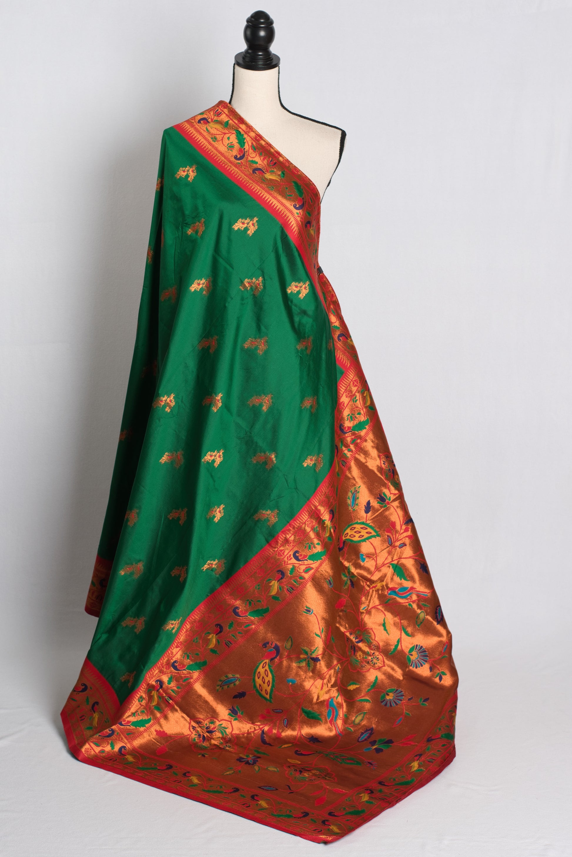 Blended Silk Paithani Saree in Green, Red and Gold.