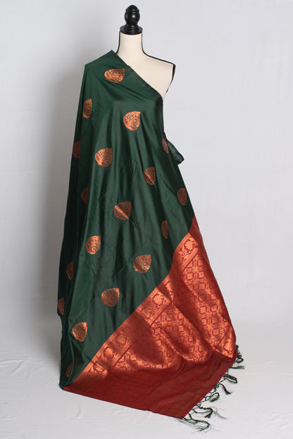 Blended Silk Kanchipuram Saree with 40 Size Blouse in Dark Green.