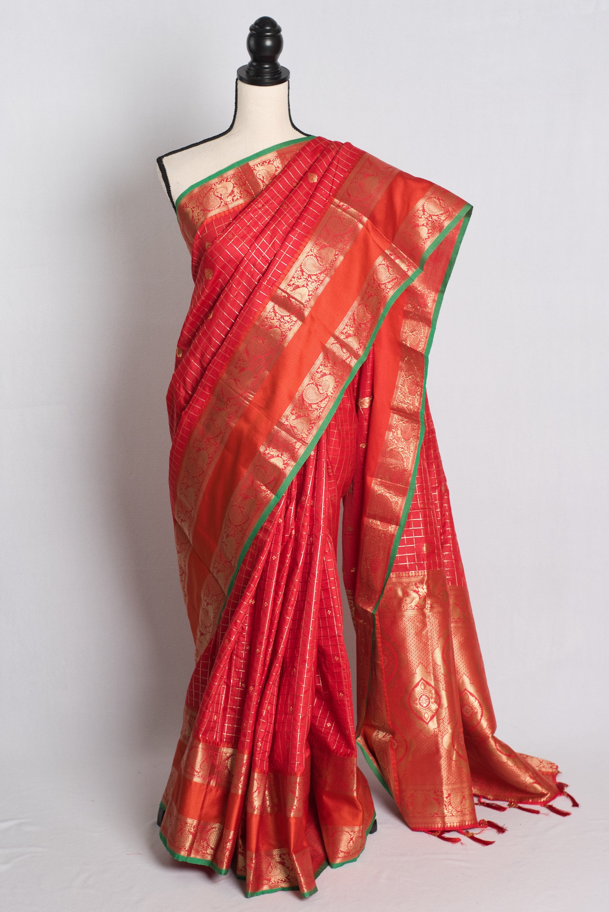 Blended Silk Banarasi Saree with 42 Size Blouse in Red.