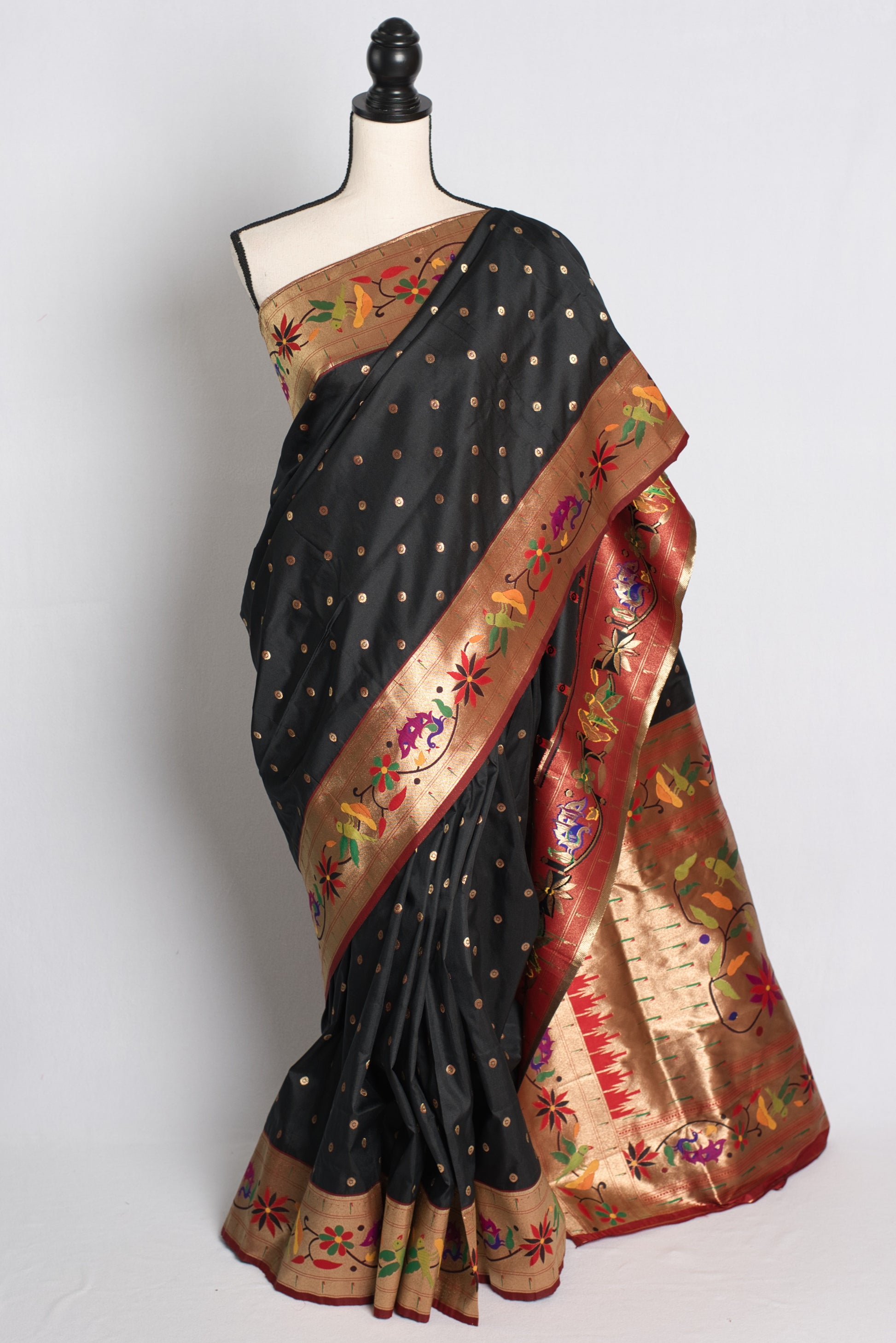 Blended Silk Black Paithani Saree with 38 Size Stitched Blouse.