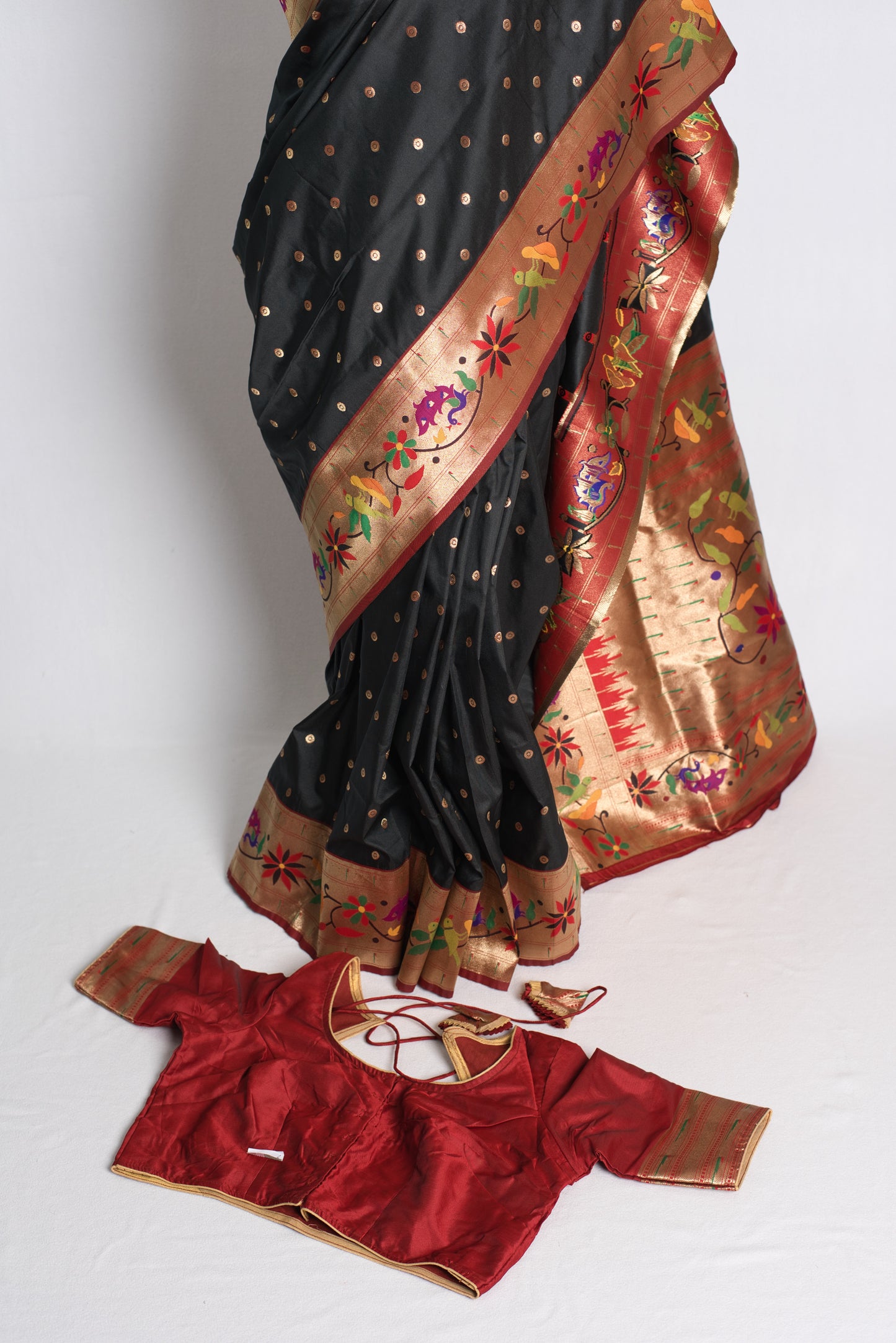 Blended Silk Black Paithani Saree with 38 Size Stitched Blouse.