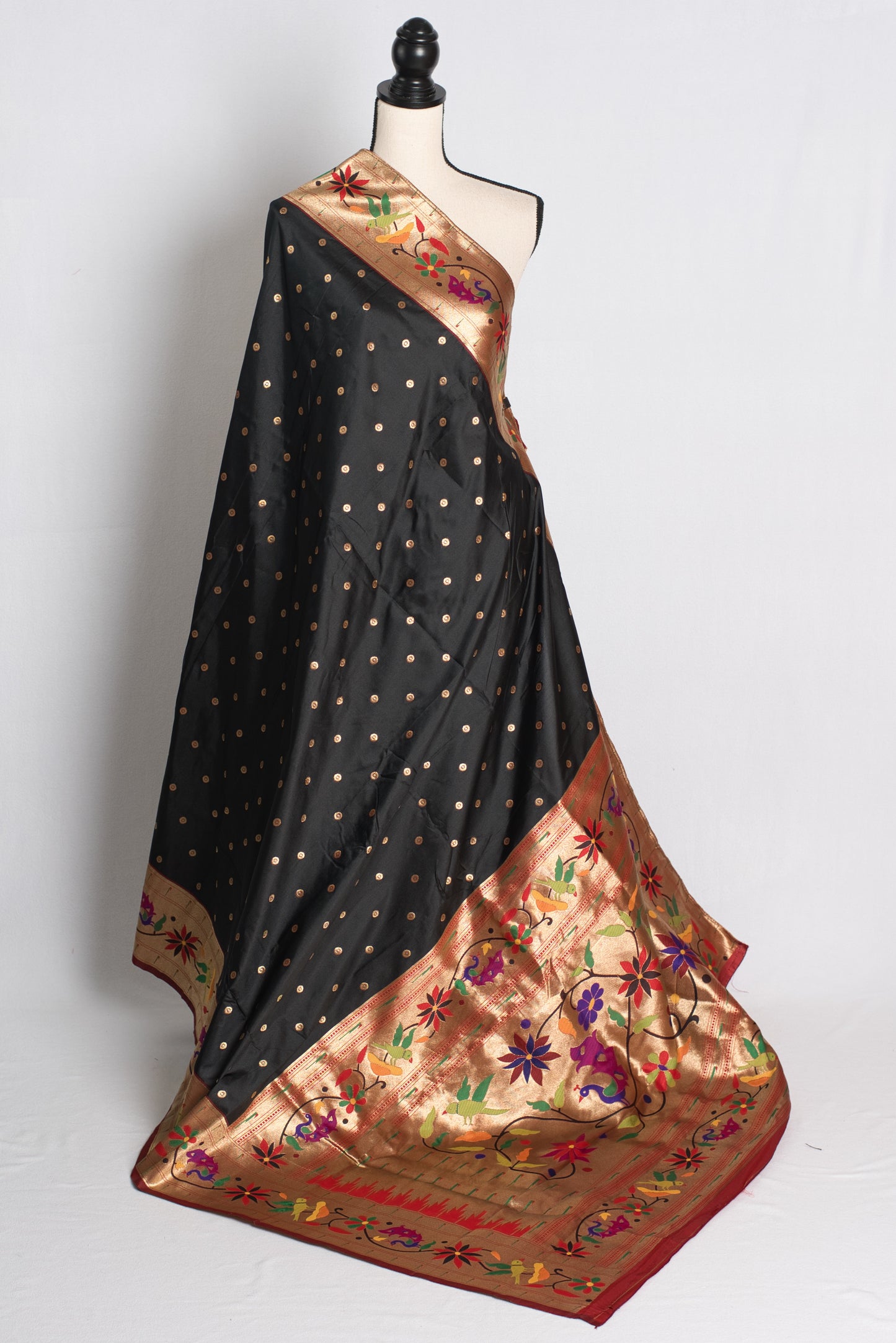 Blended Silk Black Paithani Saree with 38 Size Stitched Blouse.