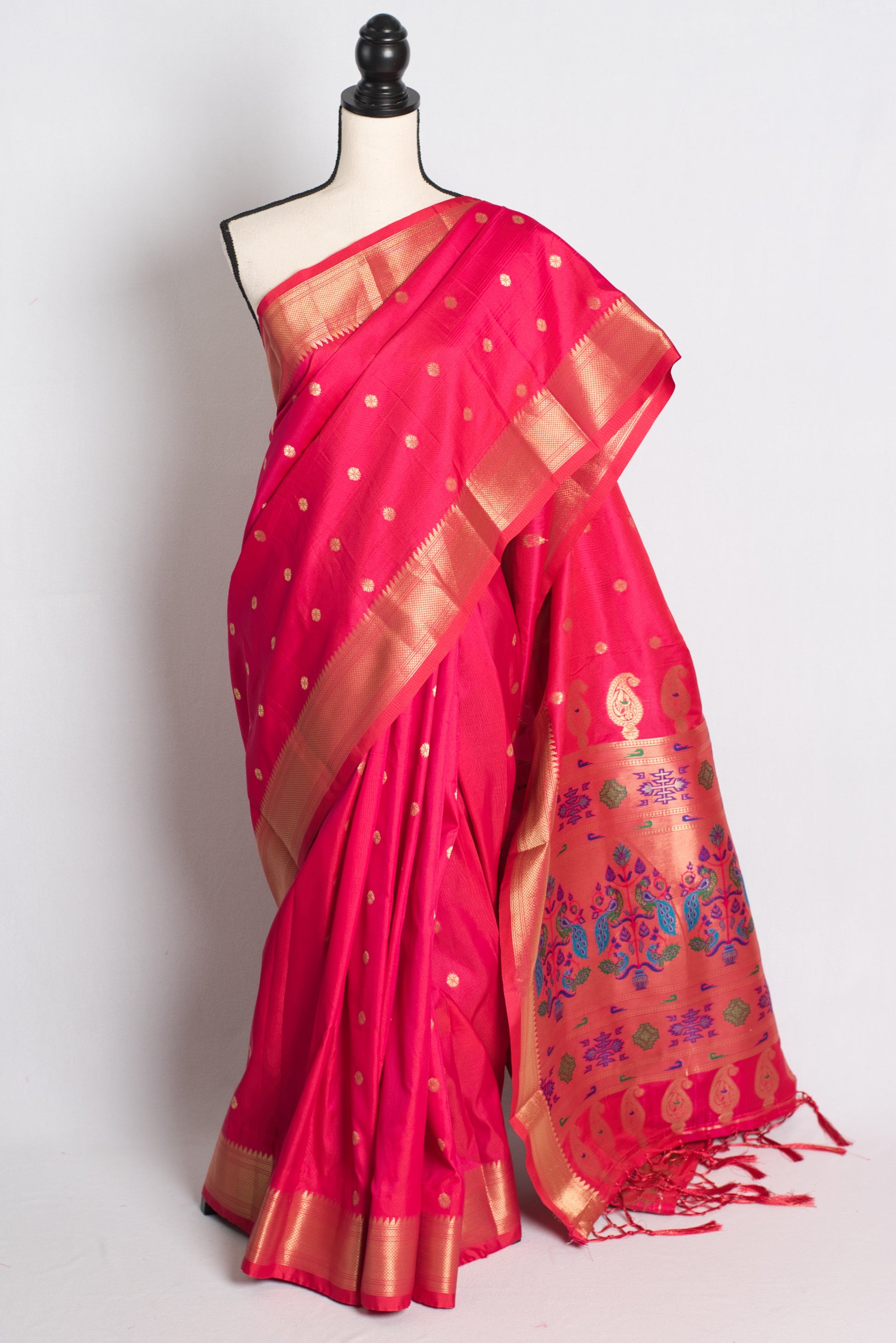 Blended Silk Rani Pink Paithani Saree with 38 Size Stitched Blouse.