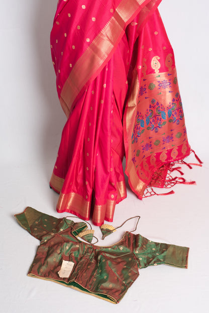 Blended Silk Rani Pink Paithani Saree with 38 Size Stitched Blouse.