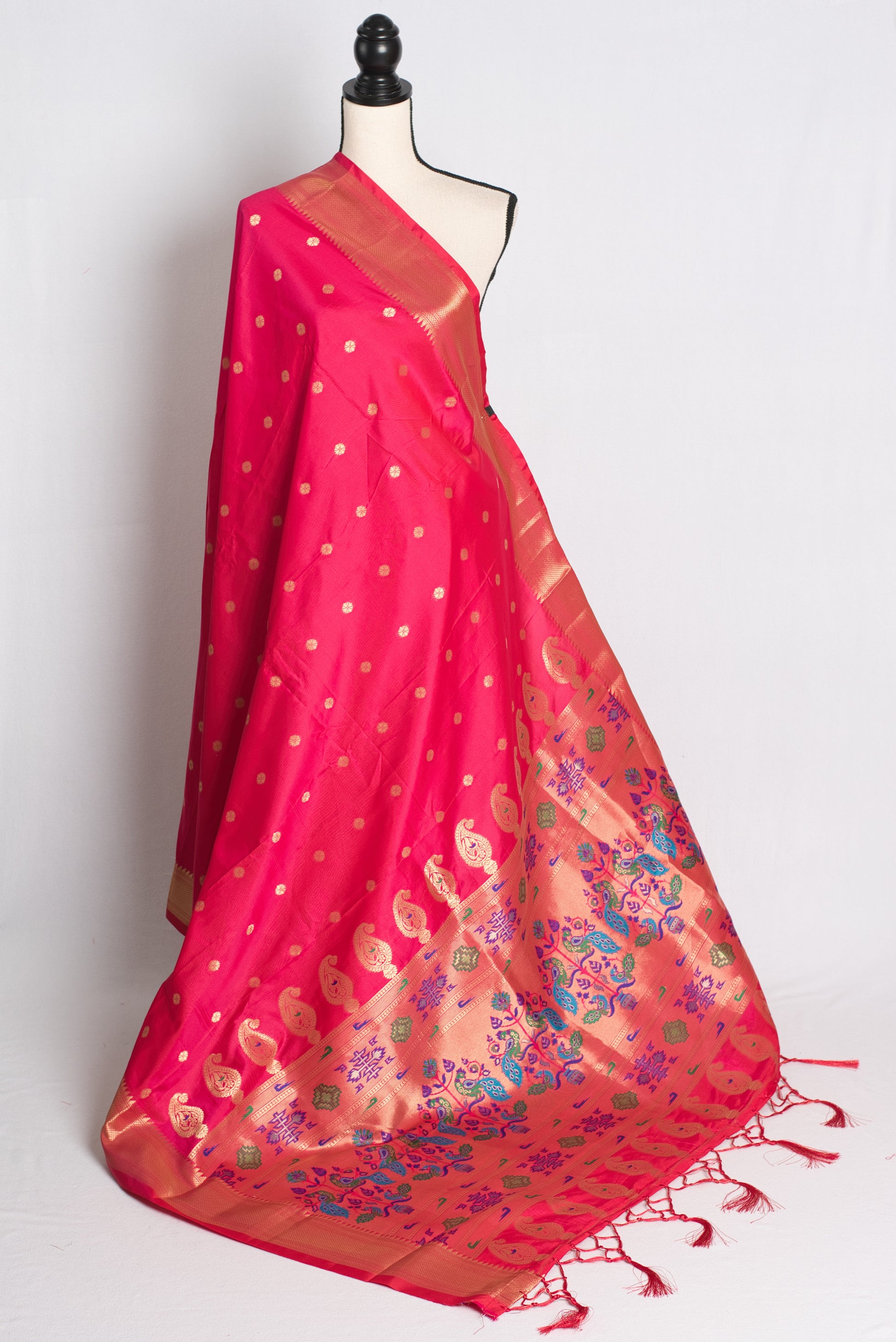 Blended Silk Rani Pink Paithani Saree with 38 Size Stitched Blouse.