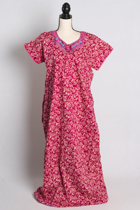 Pink Embroidery Pure Cotton Indian Women Nighty.