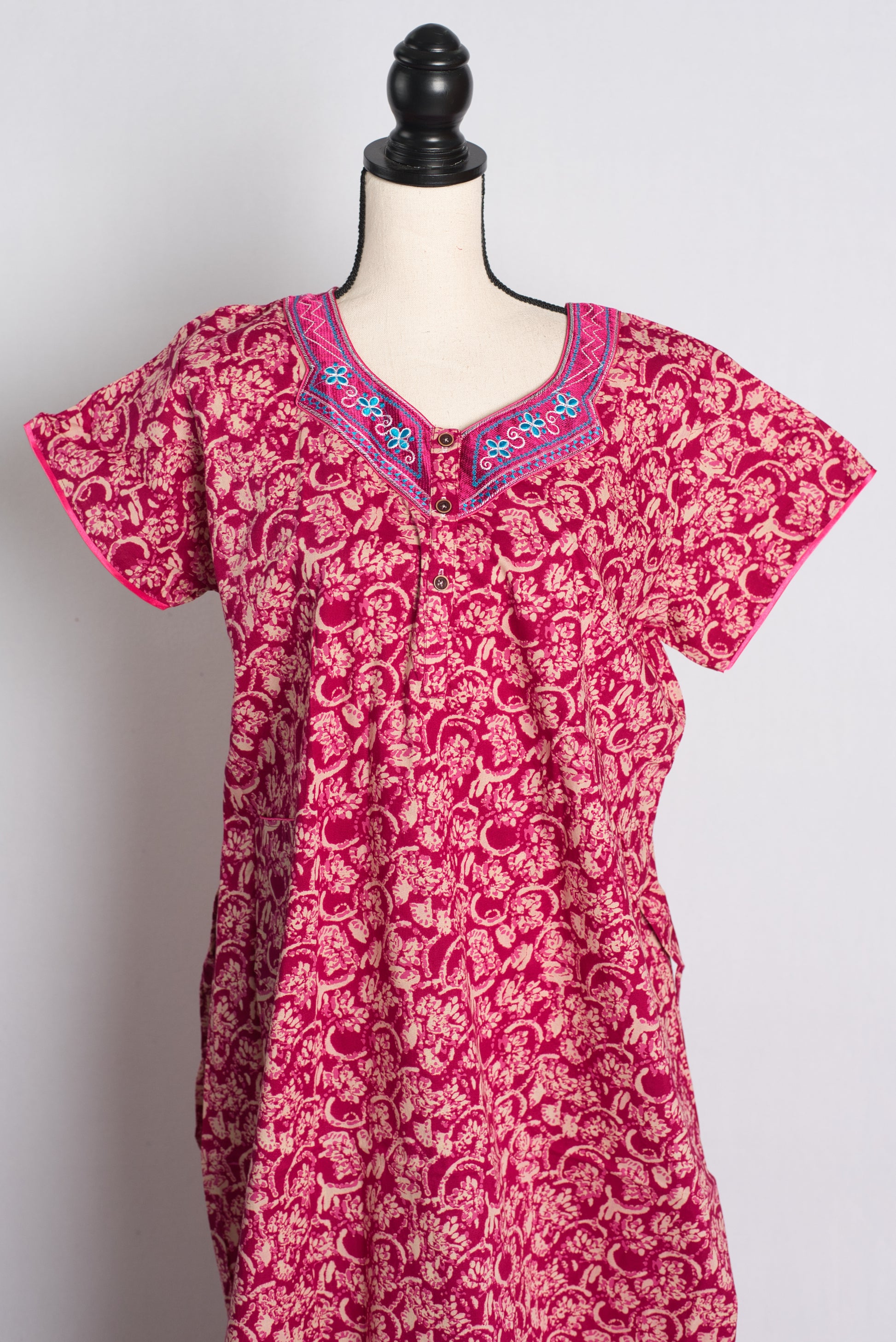 Pink Embroidery Pure Cotton Indian Women Nighty.