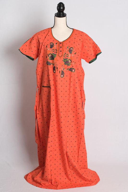 Orange Embroidery Pure Cotton Indian Women Nighty.