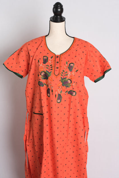 Orange Embroidery Pure Cotton Indian Women Nighty.