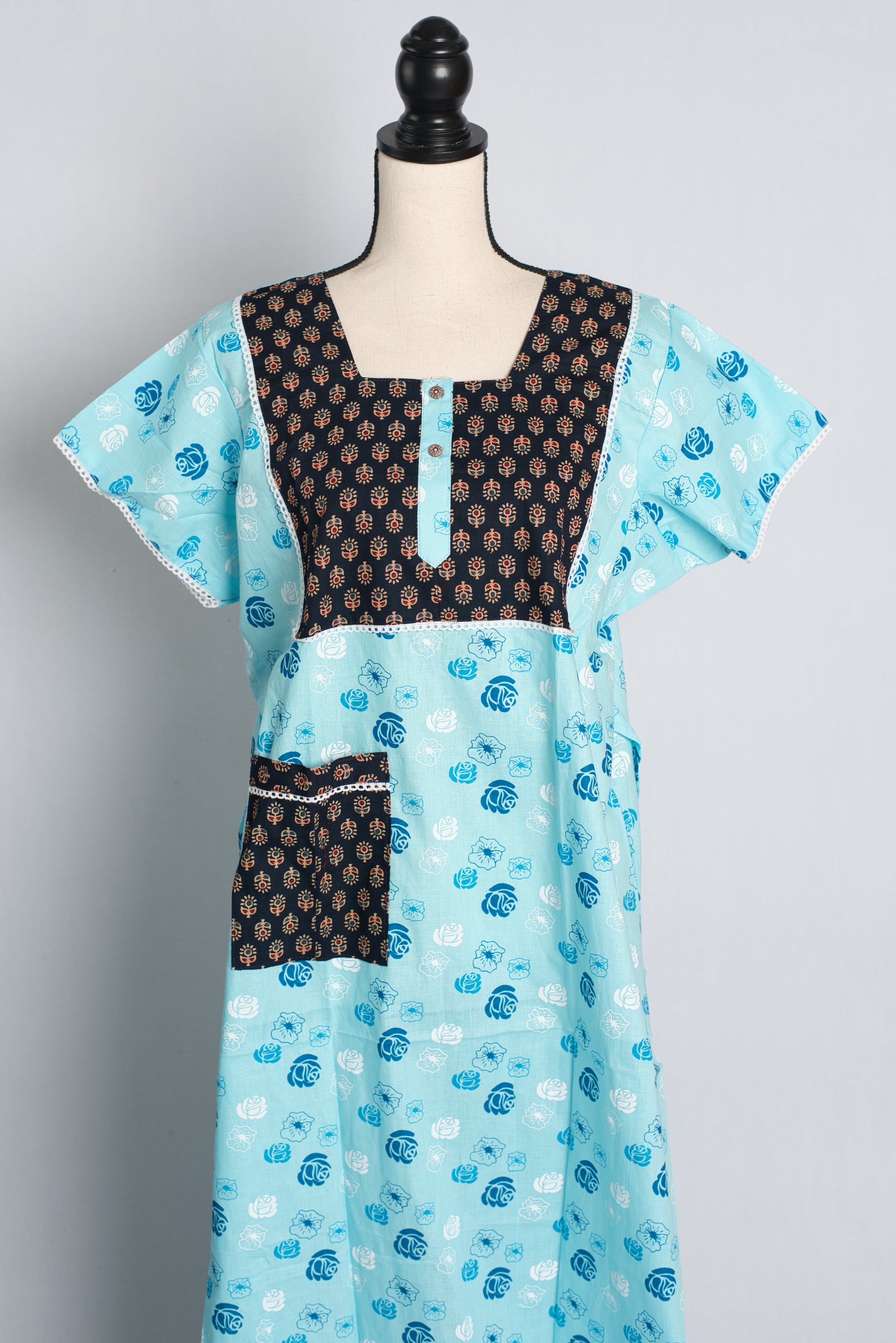 Sky Blue Pure Cotton Women Indian Nighty.