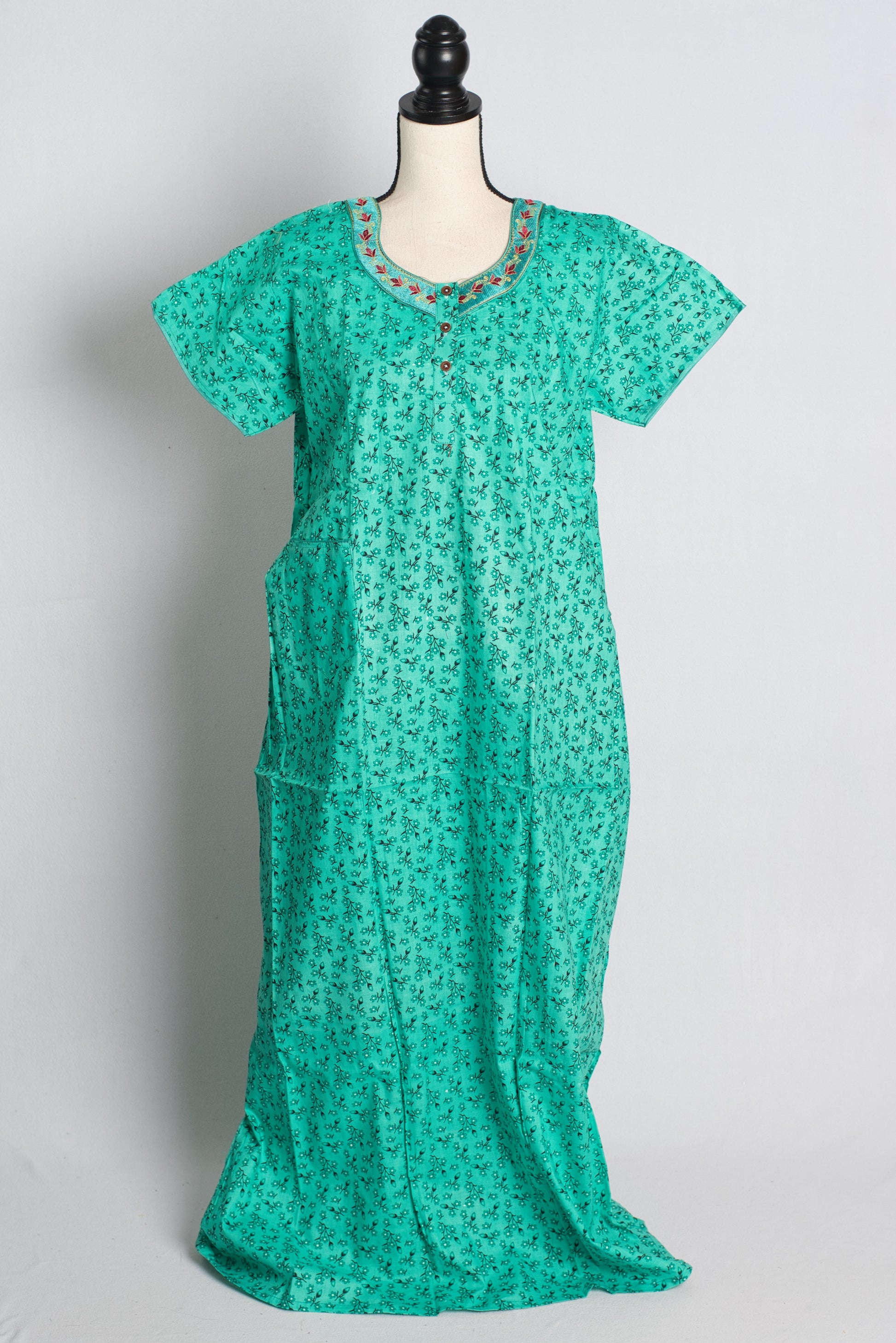 Sea Green Embroidered Pure Cotton Indian Women Nighty.