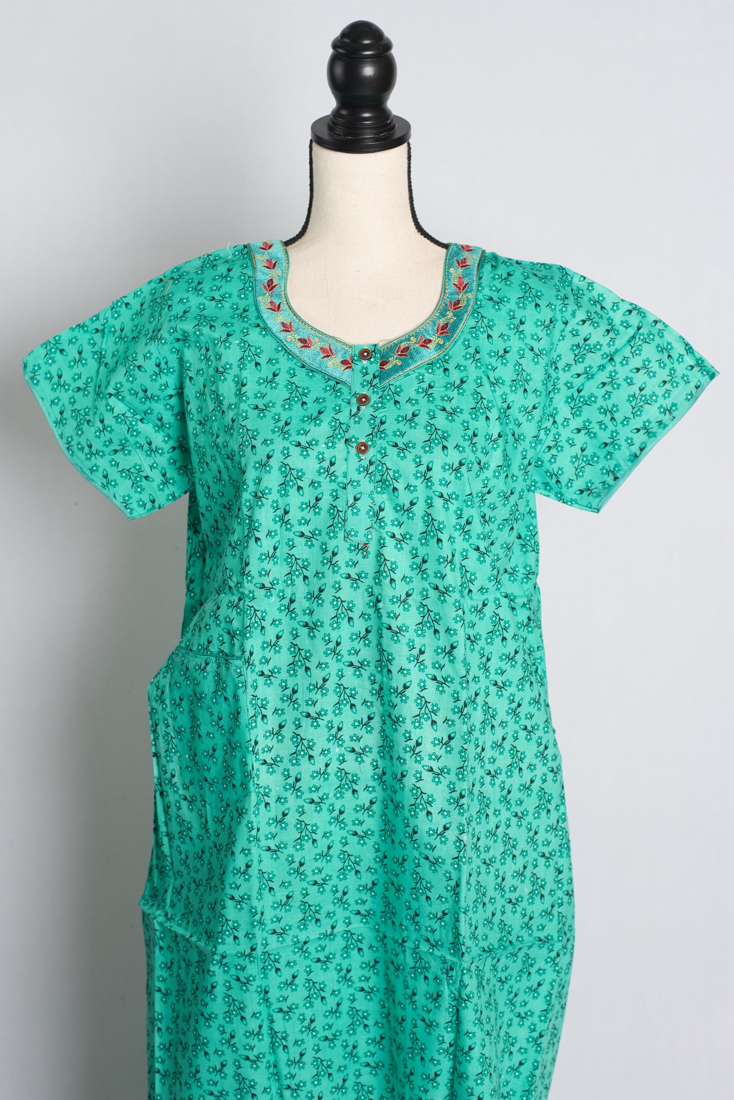 Sea Green Embroidered Pure Cotton Indian Women Nighty.