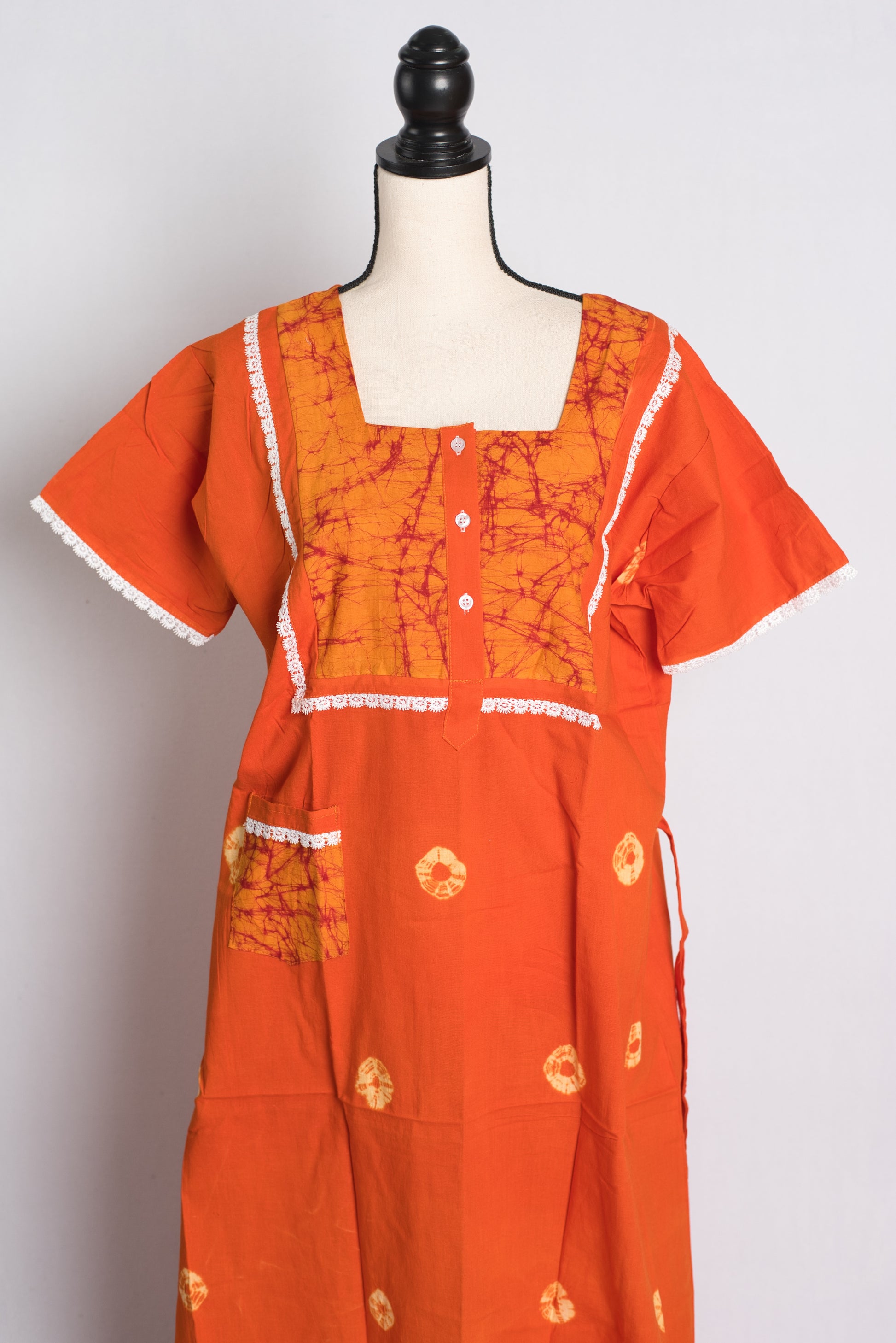 Orange Batik Pure Cotton Indian Women Nighty.