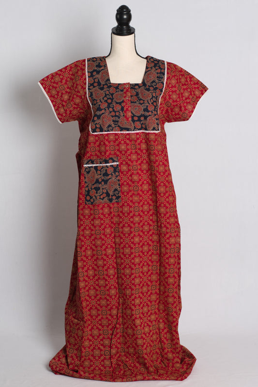 Red Kalamkari Pure Cotton Indian Women Nighty.