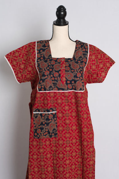 Red Kalamkari Pure Cotton Indian Women Nighty.