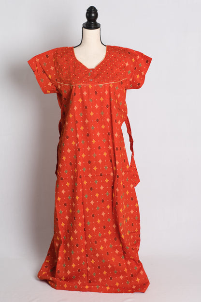 Orange Ikkat Print Pure Cotton Indian Women Nighty.