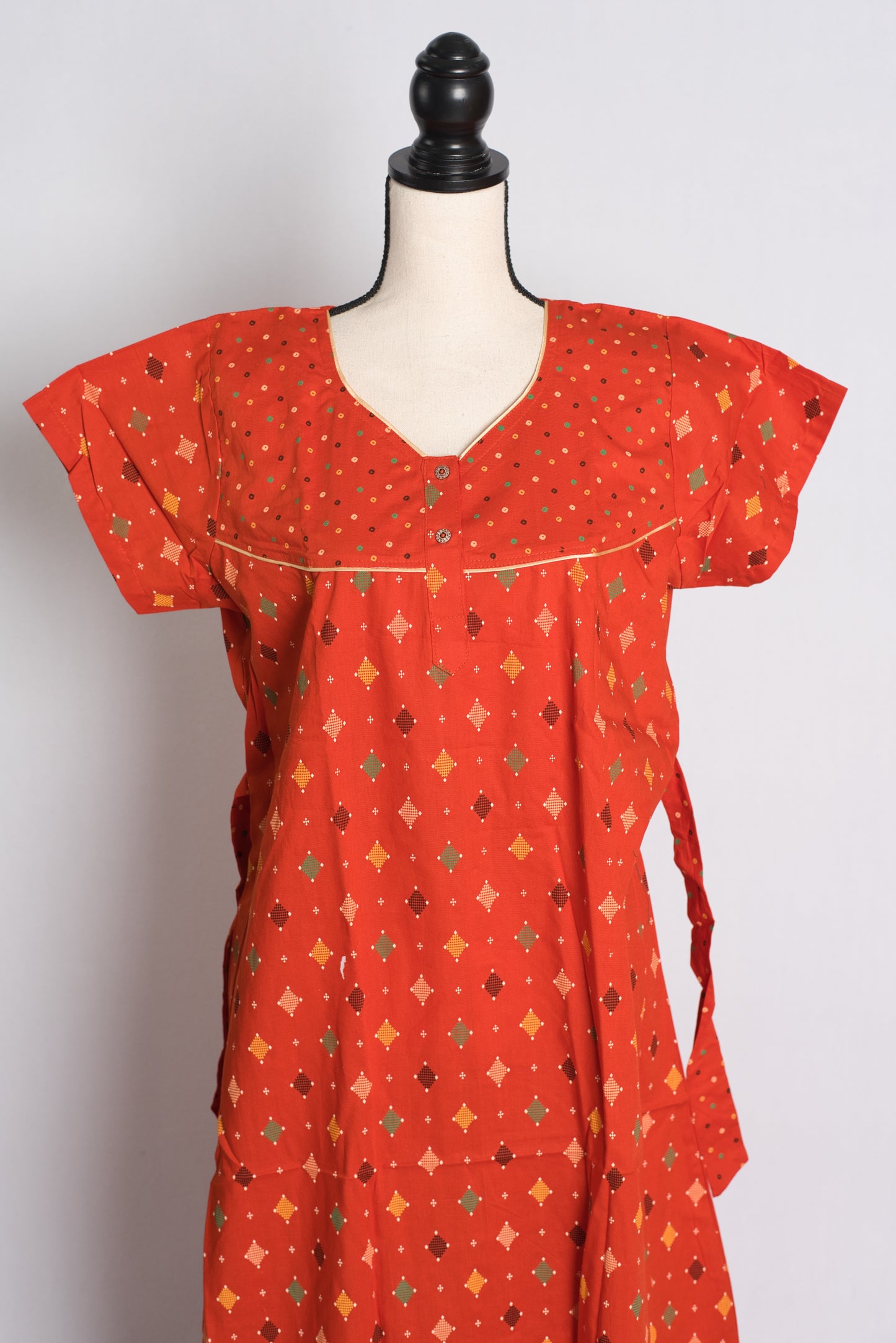 Orange Ikkat Print Pure Cotton Indian Women Nighty.