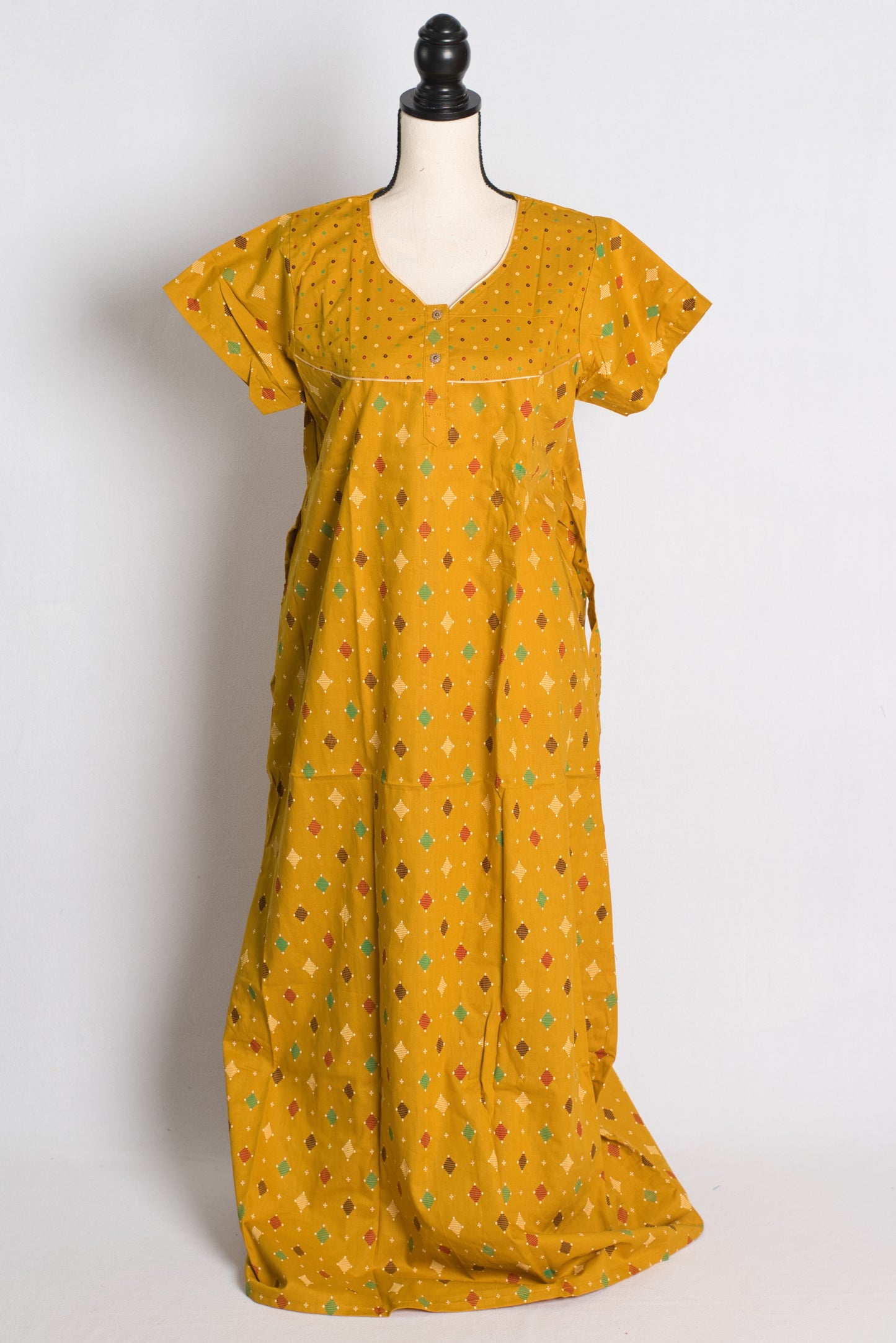 Yellow Ikkat Print Pure Cotton Indian Women Nighty.