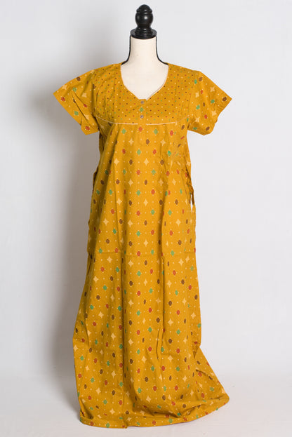 Yellow Ikkat Print Pure Cotton Indian Women Nighty.