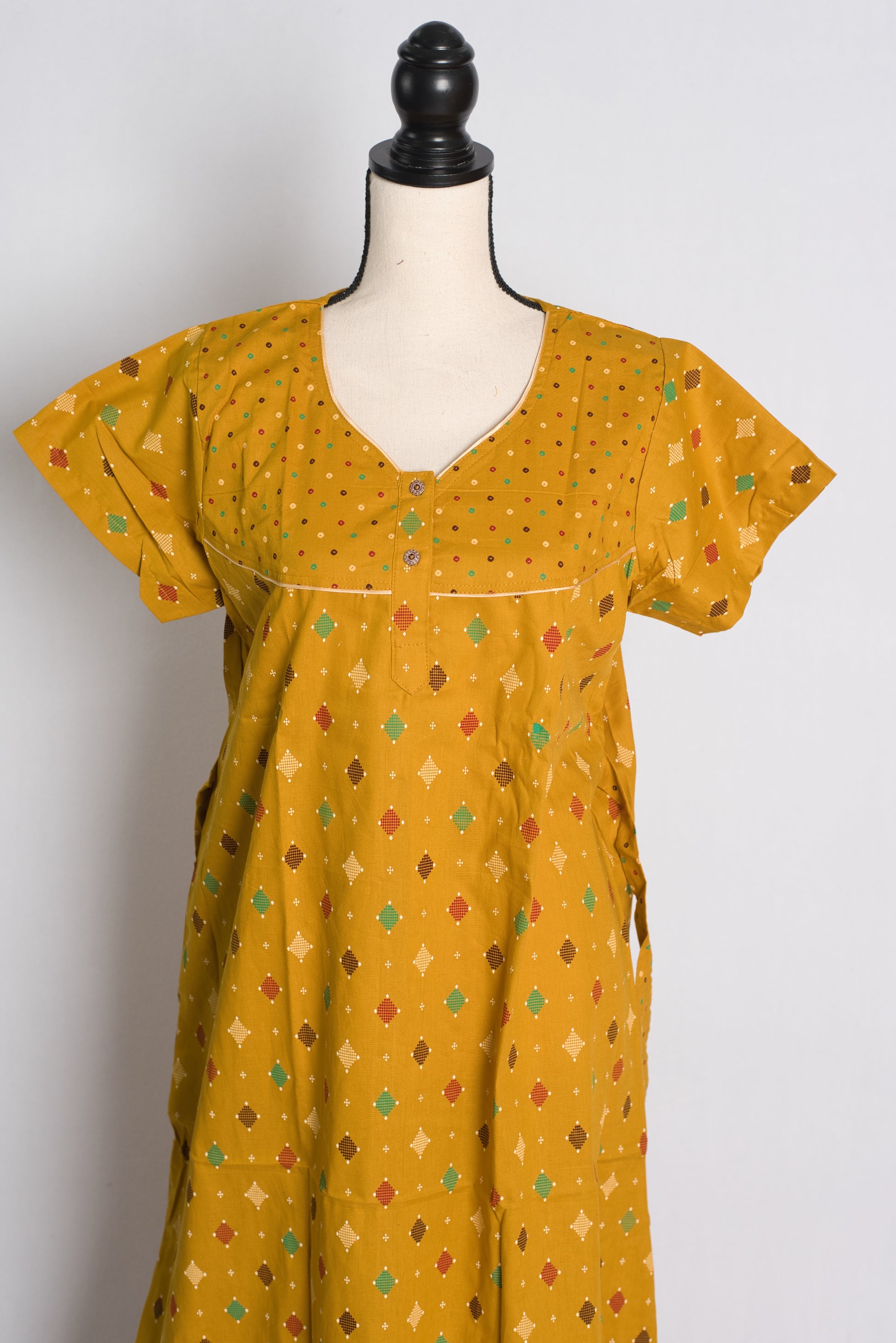 Yellow Ikkat Print Pure Cotton Indian Women Nighty.