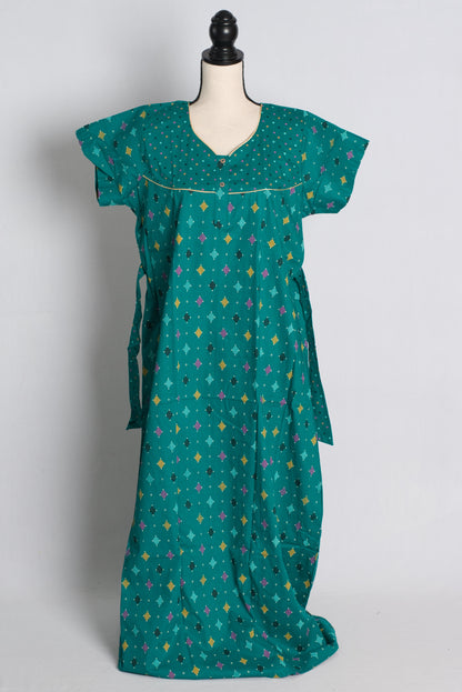 Rama Green Ikkat Print Pure Cotton Indian Women Nighty.