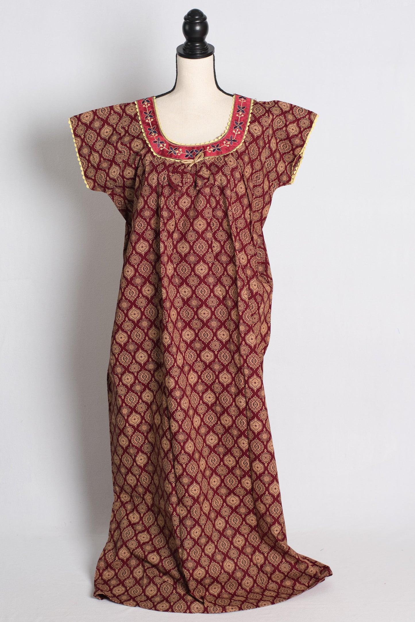 Maroon Kalamkari Pure Cotton Indian Women Nighty.