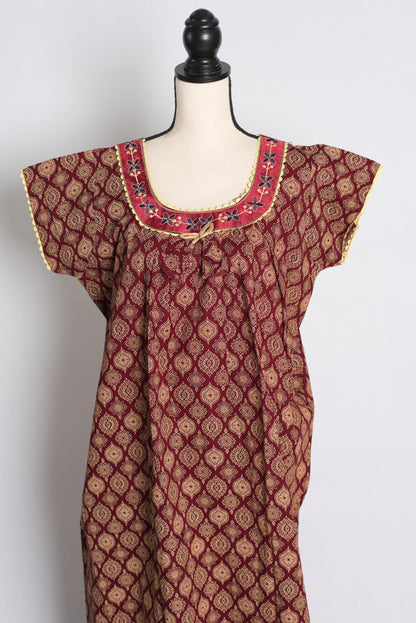 Maroon Kalamkari Pure Cotton Indian Women Nighty.