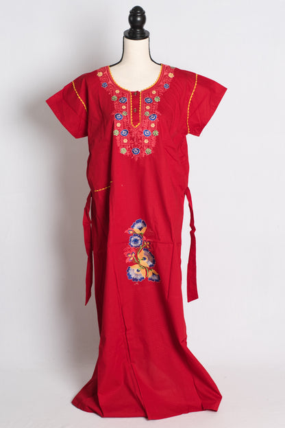 Red Embroidery Work Pure Cotton Indian Nighty.