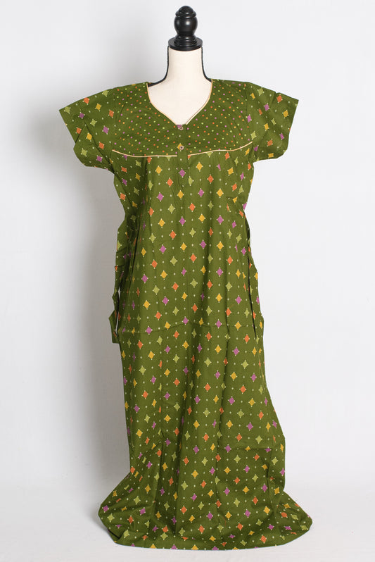 Green Ikkat Print Pure Cotton Indian Women Nighty.