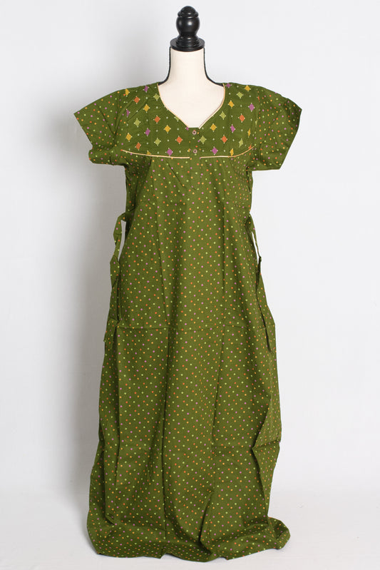 Green Polka Dot Pure Cotton Indian Women Nighty.