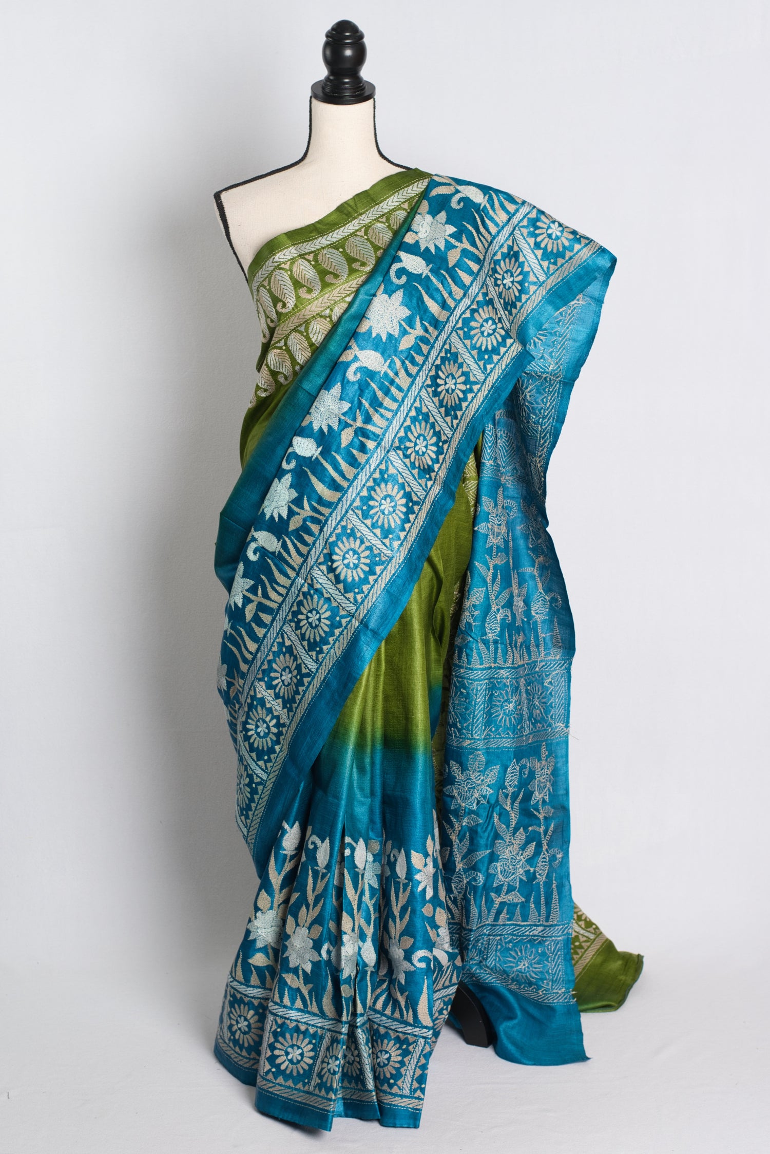 Silk Mark Certified Gachi Tussar Kantha Stitch Saree in Blue and Green.