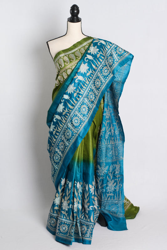 Silk Mark Certified Gachi Tussar Kantha Stitch Saree in Blue and Green.