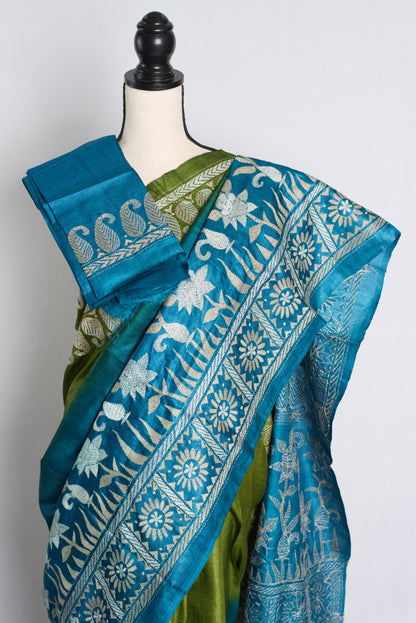 Silk Mark Certified Gachi Tussar Kantha Stitch Saree in Blue and Green.