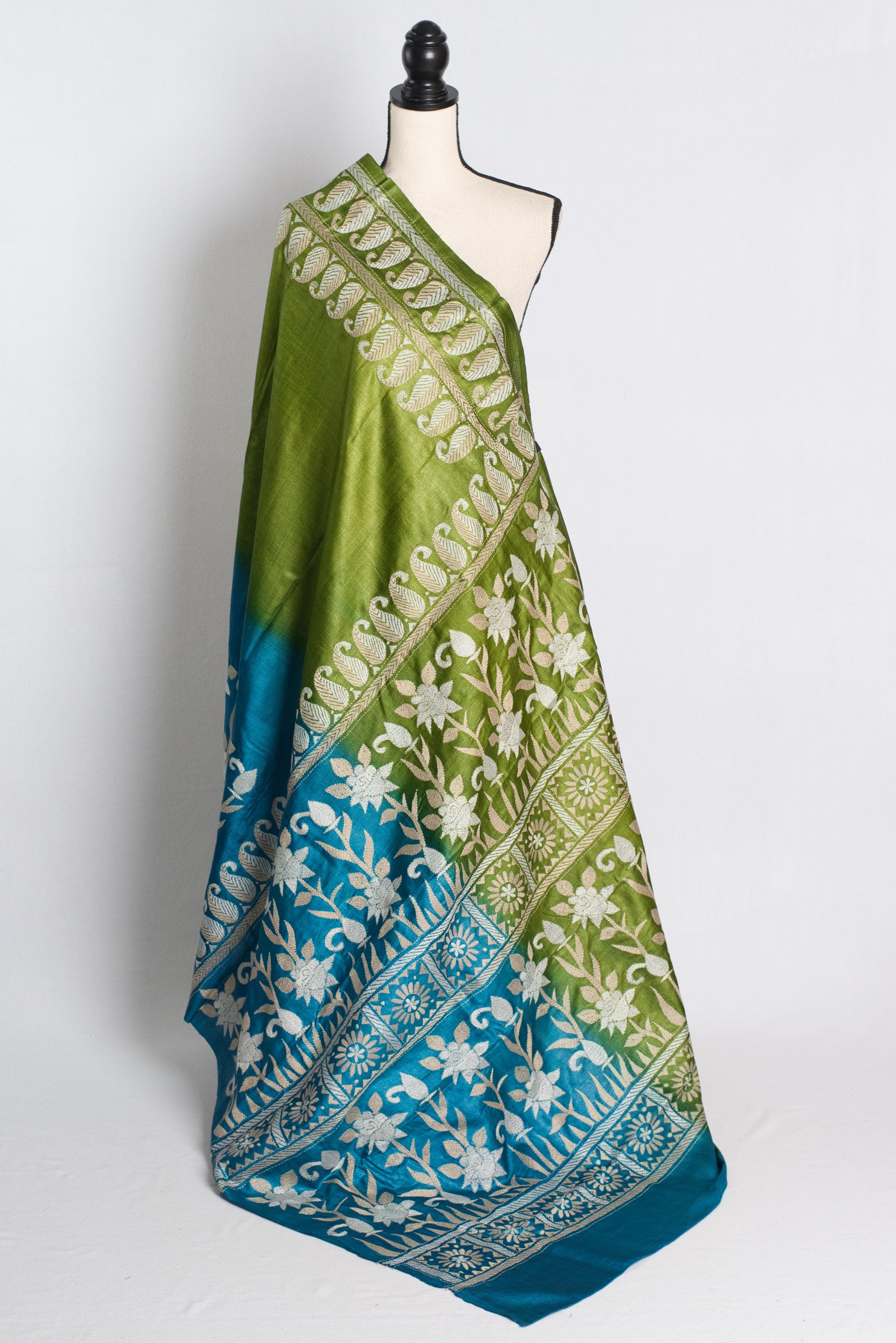 Silk Mark Certified Gachi Tussar Kantha Stitch Saree in Blue and Green.