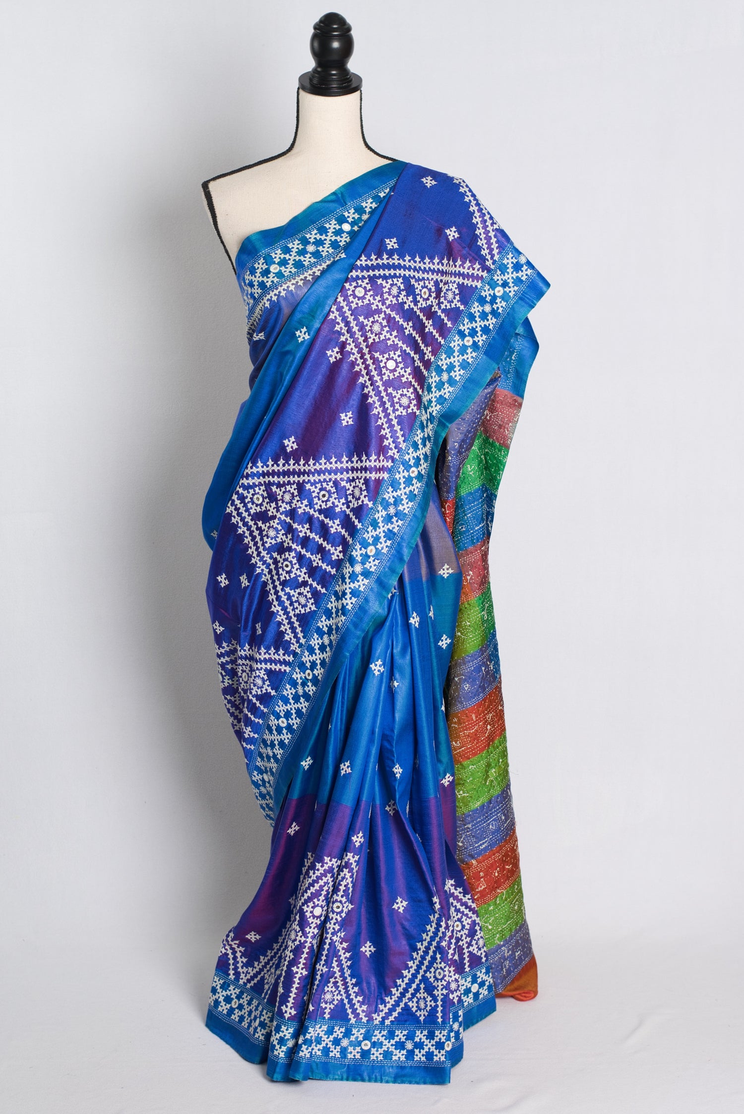 Silk Mark Certified Bishnupuri Kutch Work Saree in Shades of Blue.