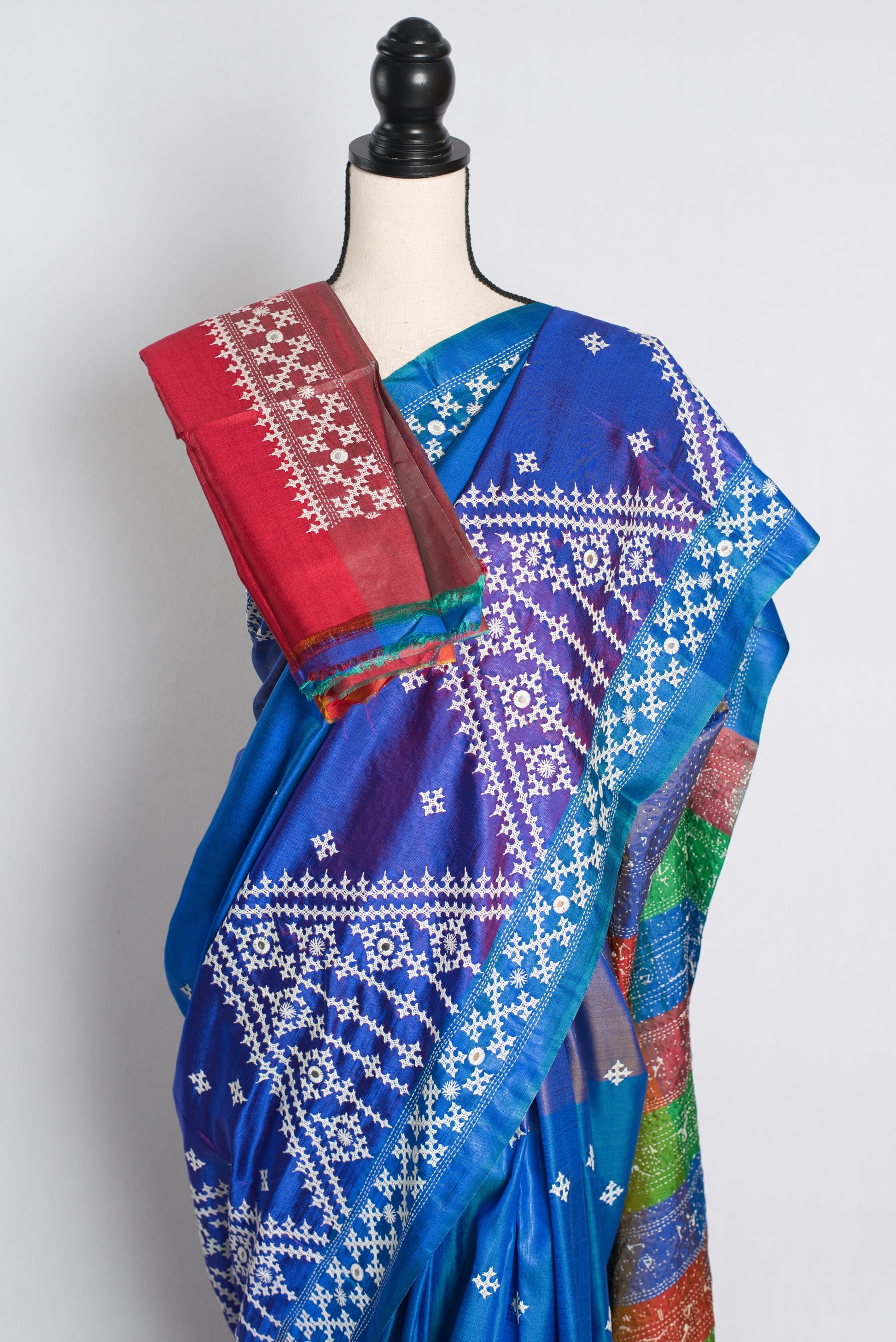 Silk Mark Certified Bishnupuri Kutch Work Saree in Shades of Blue.