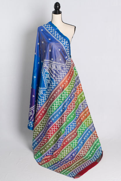 Silk Mark Certified Bishnupuri Kutch Work Saree in Shades of Blue.