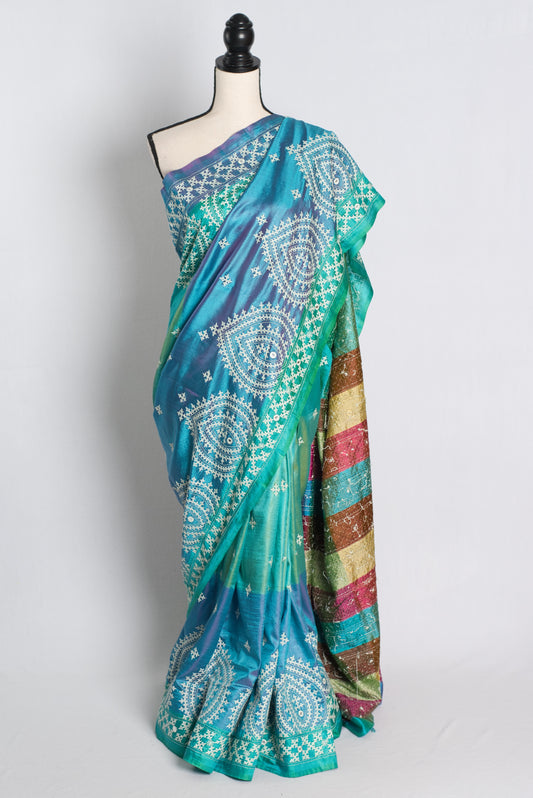 Silk Mark Certified Bishnupuri Kutch Work Saree in Pastel Color Shades.