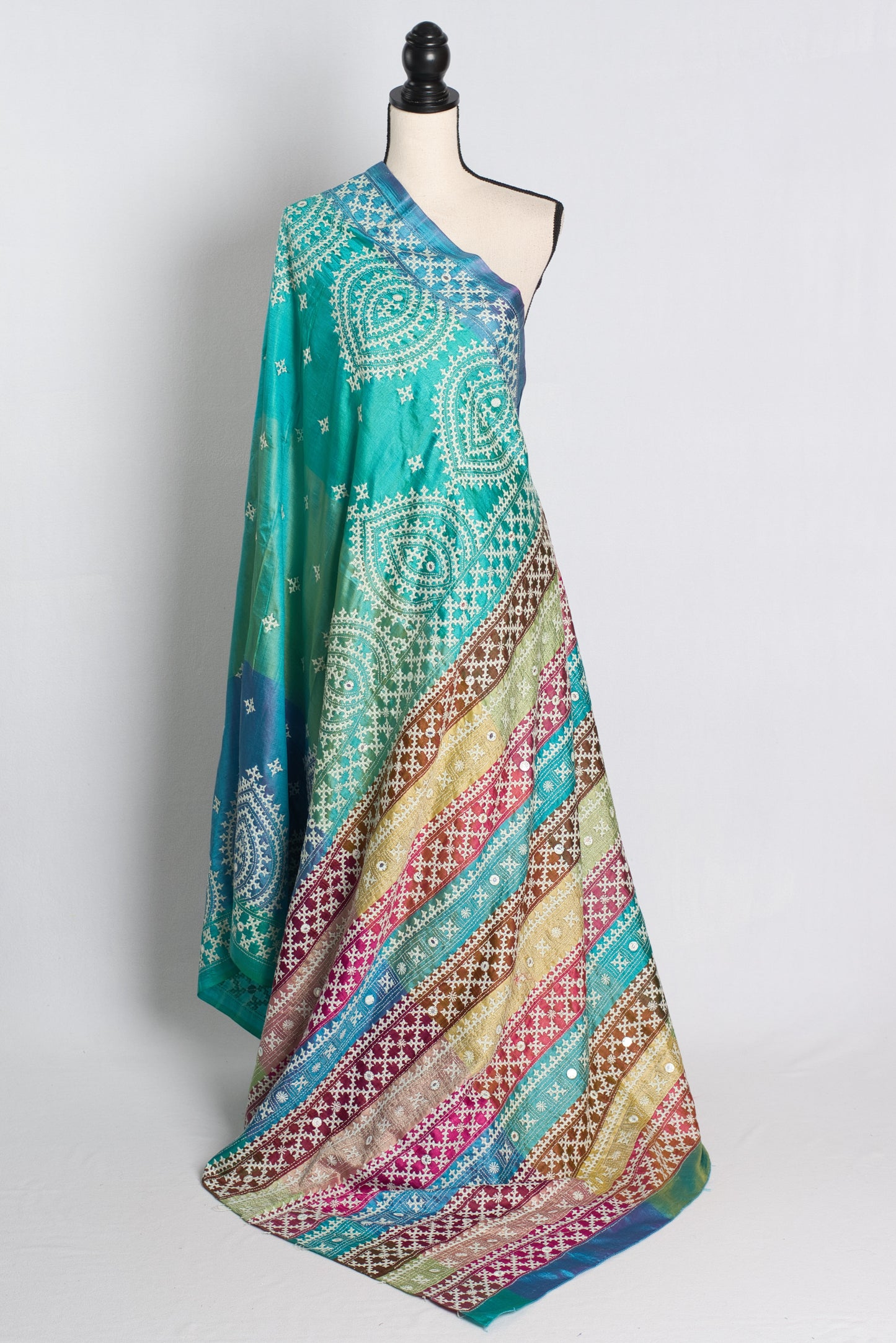 Silk Mark Certified Bishnupuri Kutch Work Saree in Pastel Color Shades.