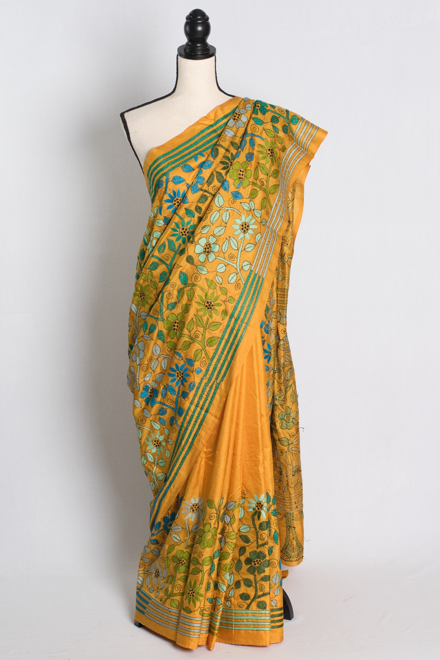 Silk Mark Certified Pure Silk Kantha Stitch Saree in Mustard Yellow